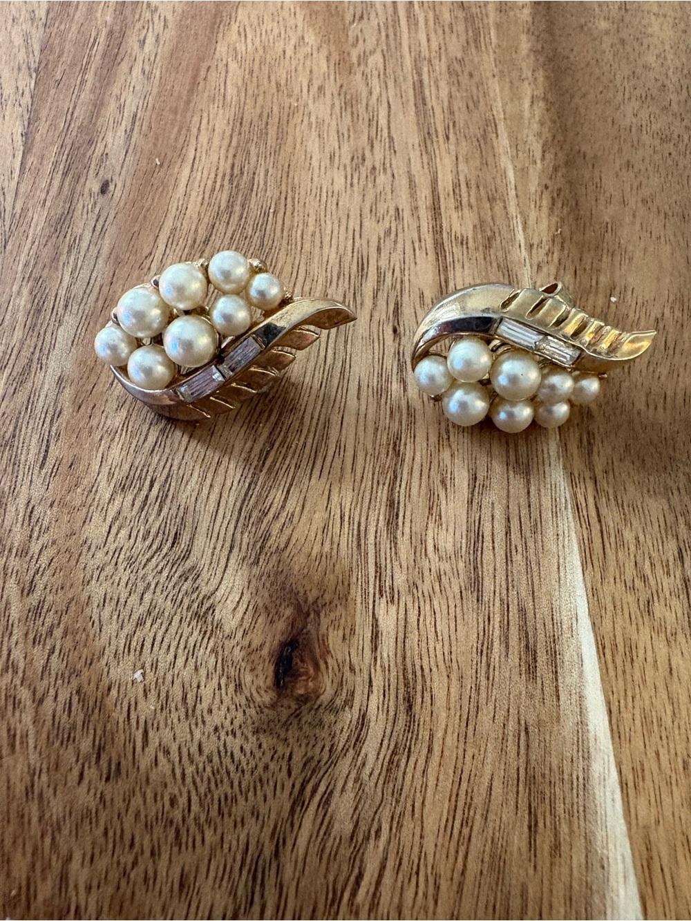 Trifari Gold-Tone Faux Pearl Cluster Leaf Clip Earrings